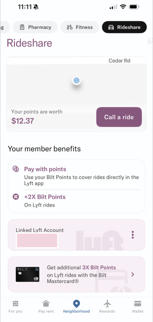 How much Bilt points are worth for Lyft rides in the Bilt app.